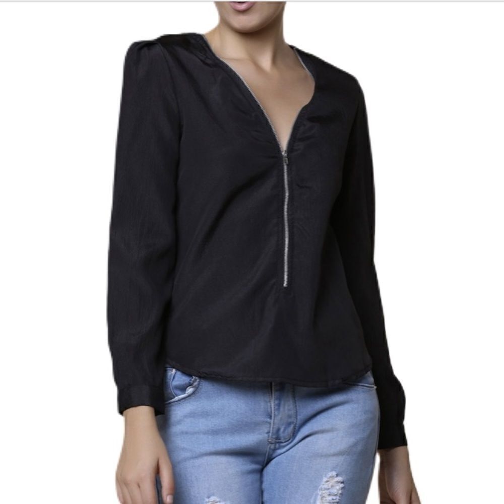Black Sheer V-Neck Half Zip Top